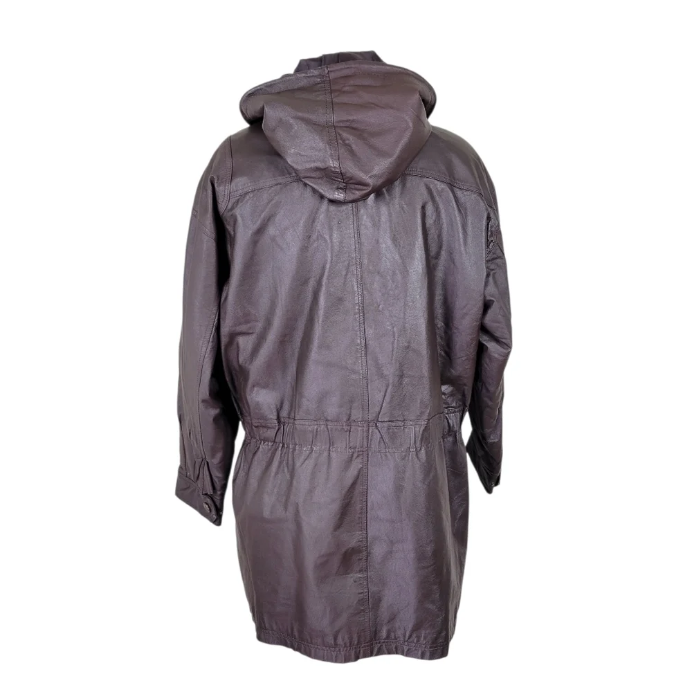 DANY Leather Coat  Women Size L Brown Hooded Zip Snaps 4 Pockets Cinched Vintage